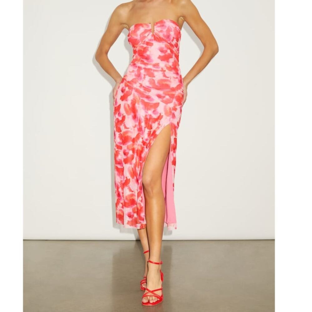 NEW Lulus Chania Pink Floral Abstract Strapless Mesh Knit Ruched Midi Dress XS